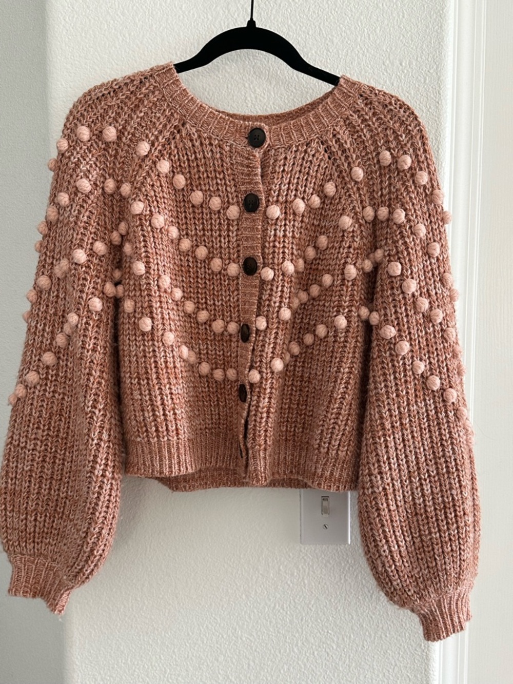 THE GREAT. Pom-Pom Chunky Knit Cardigan in Dusty Rose